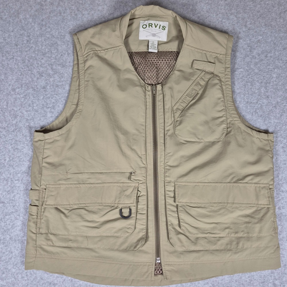 Orvis Utility Vest Mens XL Tan Nylon Fishing Hiking Multi-Pocket Full Zip